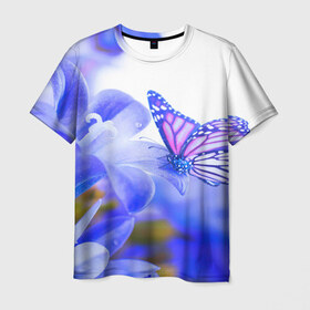 Мужская футболка 3D с принтом Бабочки в Тюмени, 100% полиэфир | прямой крой, круглый вырез горловины, длина до линии бедер | бабочки | красота | природа | синяя | цветы