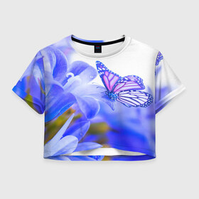 Женская футболка 3D укороченная с принтом Бабочки в Тюмени, 100% полиэстер | круглая горловина, длина футболки до линии талии, рукава с отворотами | бабочки | красота | природа | синяя | цветы