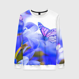 Женский свитшот 3D с принтом Бабочки в Тюмени, 100% полиэстер с мягким внутренним слоем | круглый вырез горловины, мягкая резинка на манжетах и поясе, свободная посадка по фигуре | бабочки | красота | природа | синяя | цветы