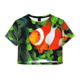 Женская футболка 3D укороченная с принтом Рыба клоун в Тюмени, 100% полиэстер | круглая горловина, длина футболки до линии талии, рукава с отворотами | клоун | коралл | немо | океан | цветная