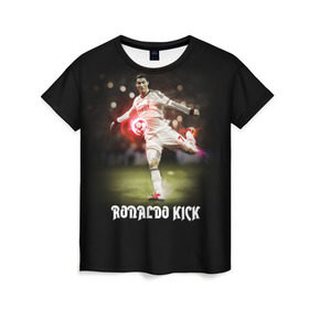 Женская футболка 3D с принтом Удар Роналдо в Тюмени, 100% полиэфир ( синтетическое хлопкоподобное полотно) | прямой крой, круглый вырез горловины, длина до линии бедер | real | ronaldo | реал мадрид | роналдо | футбол