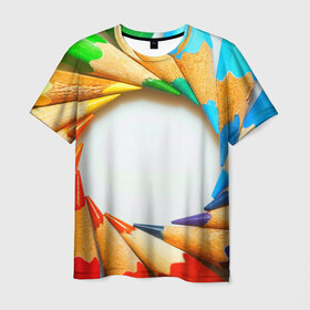 Мужская футболка 3D с принтом Карандаши в Тюмени, 100% полиэфир | прямой крой, круглый вырез горловины, длина до линии бедер | Тематика изображения на принте: карандаш | радуга | художник | цветная