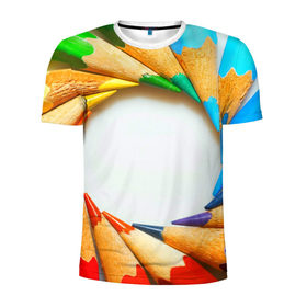 Мужская футболка 3D спортивная с принтом Карандаши в Тюмени, 100% полиэстер с улучшенными характеристиками | приталенный силуэт, круглая горловина, широкие плечи, сужается к линии бедра | Тематика изображения на принте: карандаш | радуга | художник | цветная