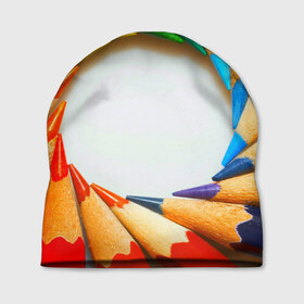 Шапка 3D с принтом Карандаши в Тюмени, 100% полиэстер | универсальный размер, печать по всей поверхности изделия | Тематика изображения на принте: карандаш | радуга | художник | цветная