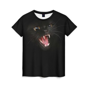 Женская футболка 3D с принтом Чёрный кот в Тюмени, 100% полиэфир ( синтетическое хлопкоподобное полотно) | прямой крой, круглый вырез горловины, длина до линии бедер | киска | кот | кошка