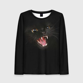 Женский лонгслив 3D с принтом Чёрный кот в Тюмени, 100% полиэстер | длинные рукава, круглый вырез горловины, полуприлегающий силуэт | киска | кот | кошка
