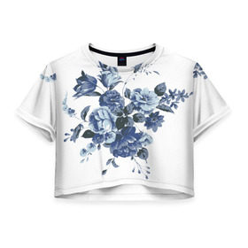 Женская футболка 3D укороченная с принтом Синие цветы в Тюмени, 100% полиэстер | круглая горловина, длина футболки до линии талии, рукава с отворотами | розы | синие розы | узор | цветы