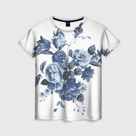 Женская футболка 3D с принтом Синие цветы в Тюмени, 100% полиэфир ( синтетическое хлопкоподобное полотно) | прямой крой, круглый вырез горловины, длина до линии бедер | розы | синие розы | узор | цветы