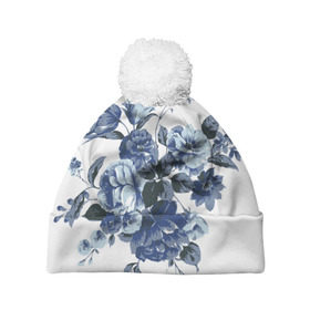 Шапка 3D c помпоном с принтом Синие цветы в Тюмени, 100% полиэстер | универсальный размер, печать по всей поверхности изделия | розы | синие розы | узор | цветы