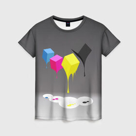 Женская футболка 3D с принтом Краски-кубики в Тюмени, 100% полиэфир ( синтетическое хлопкоподобное полотно) | прямой крой, круглый вырез горловины, длина до линии бедер | Тематика изображения на принте: жёлтый | краски | кубики | розовый | стекают | цвета | чёрный