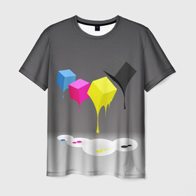 Мужская футболка 3D с принтом Краски-кубики в Тюмени, 100% полиэфир | прямой крой, круглый вырез горловины, длина до линии бедер | жёлтый | краски | кубики | розовый | стекают | цвета | чёрный