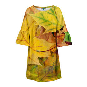 Детское платье 3D с принтом Осенние листья в Тюмени, 100% полиэстер | прямой силуэт, чуть расширенный к низу. Круглая горловина, на рукавах — воланы | Тематика изображения на принте: жёлтый | зелёный | клён | листва