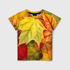 Детская футболка 3D с принтом Кленовые листья в Тюмени, 100% гипоаллергенный полиэфир | прямой крой, круглый вырез горловины, длина до линии бедер, чуть спущенное плечо, ткань немного тянется | жёлтый | зелёный | красный | листва | оранжевый | осень