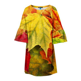 Детское платье 3D с принтом Кленовые листья в Тюмени, 100% полиэстер | прямой силуэт, чуть расширенный к низу. Круглая горловина, на рукавах — воланы | Тематика изображения на принте: жёлтый | зелёный | красный | листва | оранжевый | осень