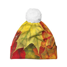 Шапка 3D c помпоном с принтом Кленовые листья в Тюмени, 100% полиэстер | универсальный размер, печать по всей поверхности изделия | жёлтый | зелёный | красный | листва | оранжевый | осень