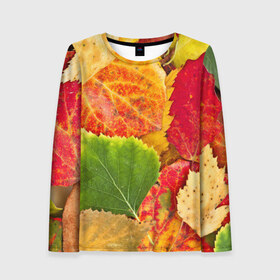 Женский лонгслив 3D с принтом Осень в Тюмени, 100% полиэстер | длинные рукава, круглый вырез горловины, полуприлегающий силуэт | берёза | дары осени | жёлтый | зелёный | золотой | краски | красный | красота | листва | листья | наряд | оранжевый | осень | осина | покров | природа
