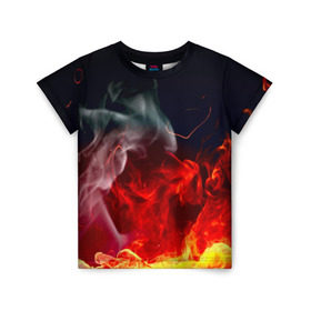 Детская футболка 3D с принтом Огонь в Тюмени, 100% гипоаллергенный полиэфир | прямой крой, круглый вырез горловины, длина до линии бедер, чуть спущенное плечо, ткань немного тянется | fire | красный | пожар | черный