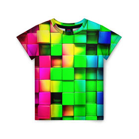 Детская футболка 3D с принтом Кубики в Тюмени, 100% гипоаллергенный полиэфир | прямой крой, круглый вырез горловины, длина до линии бедер, чуть спущенное плечо, ткань немного тянется | радуга | разноцветный. квадраты | текстура