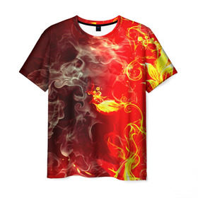 Мужская футболка 3D с принтом Цветок в огне в Тюмени, 100% полиэфир | прямой крой, круглый вырез горловины, длина до линии бедер | Тематика изображения на принте: дым | пламя