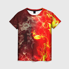 Женская футболка 3D с принтом Цветок в огне в Тюмени, 100% полиэфир ( синтетическое хлопкоподобное полотно) | прямой крой, круглый вырез горловины, длина до линии бедер | дым | пламя
