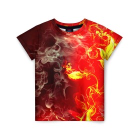 Детская футболка 3D с принтом Цветок в огне в Тюмени, 100% гипоаллергенный полиэфир | прямой крой, круглый вырез горловины, длина до линии бедер, чуть спущенное плечо, ткань немного тянется | Тематика изображения на принте: дым | пламя