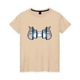 Женская футболка хлопок с принтом Totoro в Тюмени, 100% хлопок | прямой крой, круглый вырез горловины, длина до линии бедер, слегка спущенное плечо | anime | totoro | матрешка | миядзаки | тоторо | хаяо
