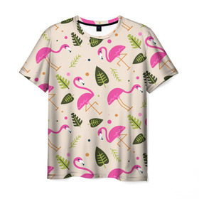 Мужская футболка 3D с принтом Фламинго в Тюмени, 100% полиэфир | прямой крой, круглый вырез горловины, длина до линии бедер | Тематика изображения на принте: абстракция | арт | листья | фламинго | хипстеры