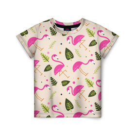 Детская футболка 3D с принтом Фламинго в Тюмени, 100% гипоаллергенный полиэфир | прямой крой, круглый вырез горловины, длина до линии бедер, чуть спущенное плечо, ткань немного тянется | абстракция | арт | листья | фламинго | хипстеры