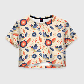 Женская футболка 3D укороченная с принтом Птички синички в Тюмени, 100% полиэстер | круглая горловина, длина футболки до линии талии, рукава с отворотами | абстракция | арт | птицы | рябина | синички | цветы