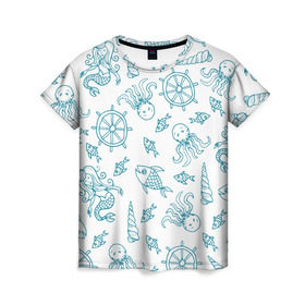 Женская футболка 3D с принтом Морская живность в Тюмени, 100% полиэфир ( синтетическое хлопкоподобное полотно) | прямой крой, круглый вырез горловины, длина до линии бедер | абстракция | арт | море | осьминог | русалки