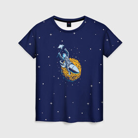 Женская футболка 3D с принтом Космонавт 10 в Тюмени, 100% полиэфир ( синтетическое хлопкоподобное полотно) | прямой крой, круглый вырез горловины, длина до линии бедер | astro | moon | space monkey | star | stars | астронавт | звезды | земля | космонавт | космос | луна | скафандр