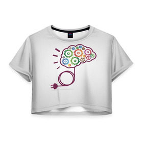 Женская футболка 3D укороченная с принтом Eyes and Business в Тюмени, 100% полиэстер | круглая горловина, длина футболки до линии талии, рукава с отворотами | eyes and business | бизнес | жёлтый | зелёный | идея | красный | мозг | оранжевый | розетка | синий | цвета