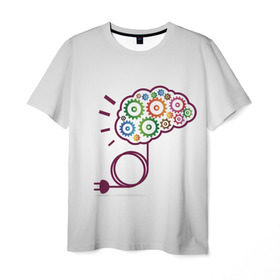Мужская футболка 3D с принтом Eyes and Business в Тюмени, 100% полиэфир | прямой крой, круглый вырез горловины, длина до линии бедер | eyes and business | бизнес | жёлтый | зелёный | идея | красный | мозг | оранжевый | розетка | синий | цвета