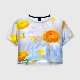 Женская футболка 3D укороченная с принтом Ромашки в Тюмени, 100% полиэстер | круглая горловина, длина футболки до линии талии, рукава с отворотами | красота | поле | природа | ромашка | цветы