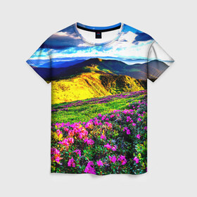Женская футболка 3D с принтом Горная тропа в Тюмени, 100% полиэфир ( синтетическое хлопкоподобное полотно) | прямой крой, круглый вырез горловины, длина до линии бедер | горы | пейзаж | яркий
