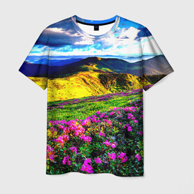 Мужская футболка 3D с принтом Горная тропа в Тюмени, 100% полиэфир | прямой крой, круглый вырез горловины, длина до линии бедер | Тематика изображения на принте: горы | пейзаж | яркий