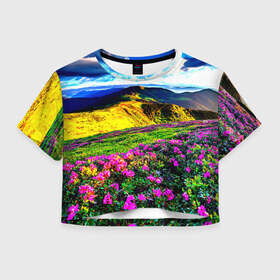 Женская футболка 3D укороченная с принтом Горная тропа в Тюмени, 100% полиэстер | круглая горловина, длина футболки до линии талии, рукава с отворотами | горы | пейзаж | яркий