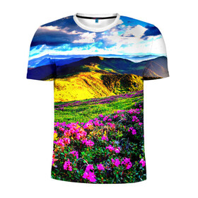 Мужская футболка 3D спортивная с принтом Горная тропа в Тюмени, 100% полиэстер с улучшенными характеристиками | приталенный силуэт, круглая горловина, широкие плечи, сужается к линии бедра | Тематика изображения на принте: горы | пейзаж | яркий