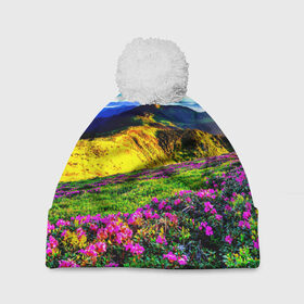 Шапка 3D c помпоном с принтом Горная тропа в Тюмени, 100% полиэстер | универсальный размер, печать по всей поверхности изделия | Тематика изображения на принте: горы | пейзаж | яркий