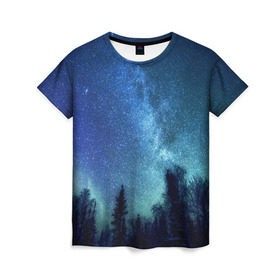 Женская футболка 3D с принтом Космос в Тюмени, 100% полиэфир ( синтетическое хлопкоподобное полотно) | прямой крой, круглый вырез горловины, длина до линии бедер | space | галактика | звёзды | космос | небо | ночное небо | ночь | северное сияние