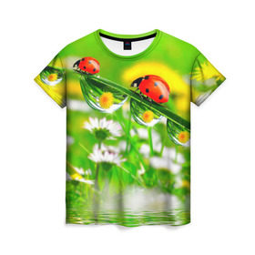 Женская футболка 3D с принтом Макро в Тюмени, 100% полиэфир ( синтетическое хлопкоподобное полотно) | прямой крой, круглый вырез горловины, длина до линии бедер | божья коровка | насекомые | одуванчик | природа | цветы