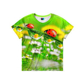 Детская футболка 3D с принтом Макро в Тюмени, 100% гипоаллергенный полиэфир | прямой крой, круглый вырез горловины, длина до линии бедер, чуть спущенное плечо, ткань немного тянется | божья коровка | насекомые | одуванчик | природа | цветы