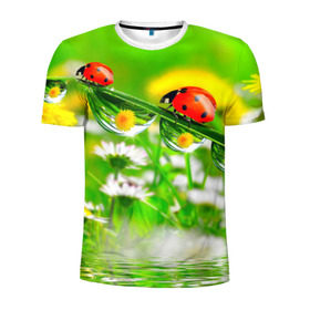 Мужская футболка 3D спортивная с принтом Макро в Тюмени, 100% полиэстер с улучшенными характеристиками | приталенный силуэт, круглая горловина, широкие плечи, сужается к линии бедра | божья коровка | насекомые | одуванчик | природа | цветы