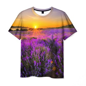 Мужская футболка 3D с принтом Лавандовое поле в Тюмени, 100% полиэфир | прямой крой, круглый вырез горловины, длина до линии бедер | закат | лиловый | пейзаж | яркий