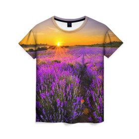 Женская футболка 3D с принтом Лавандовое поле в Тюмени, 100% полиэфир ( синтетическое хлопкоподобное полотно) | прямой крой, круглый вырез горловины, длина до линии бедер | закат | лиловый | пейзаж | яркий