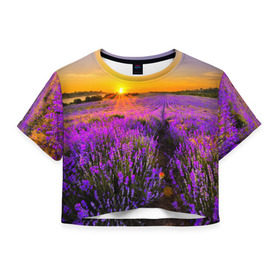 Женская футболка 3D укороченная с принтом Лавандовое поле в Тюмени, 100% полиэстер | круглая горловина, длина футболки до линии талии, рукава с отворотами | Тематика изображения на принте: закат | лиловый | пейзаж | яркий