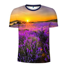 Мужская футболка 3D спортивная с принтом Лавандовое поле в Тюмени, 100% полиэстер с улучшенными характеристиками | приталенный силуэт, круглая горловина, широкие плечи, сужается к линии бедра | закат | лиловый | пейзаж | яркий