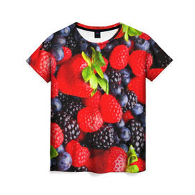 Женская футболка 3D с принтом Ягоды в Тюмени, 100% полиэфир ( синтетическое хлопкоподобное полотно) | прямой крой, круглый вырез горловины, длина до линии бедер | ежевика | клубника | малина | черника | ягода | ягодка