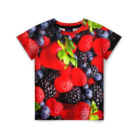 Детская футболка 3D с принтом Ягоды в Тюмени, 100% гипоаллергенный полиэфир | прямой крой, круглый вырез горловины, длина до линии бедер, чуть спущенное плечо, ткань немного тянется | Тематика изображения на принте: ежевика | клубника | малина | черника | ягода | ягодка