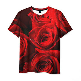 Мужская футболка 3D с принтом Розы в Тюмени, 100% полиэфир | прямой крой, круглый вырез горловины, длина до линии бедер | красная | роза | роса | цветок